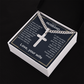 Cross pendant necklace displayed in a gift box, silver curb chain and cross