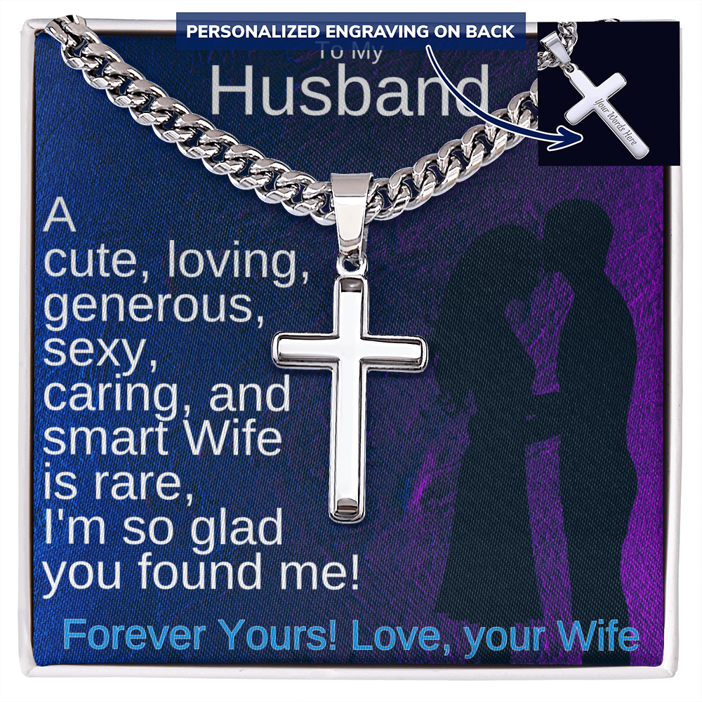 Polished silver-tone chain necklace with cross pendant and small engraved tag