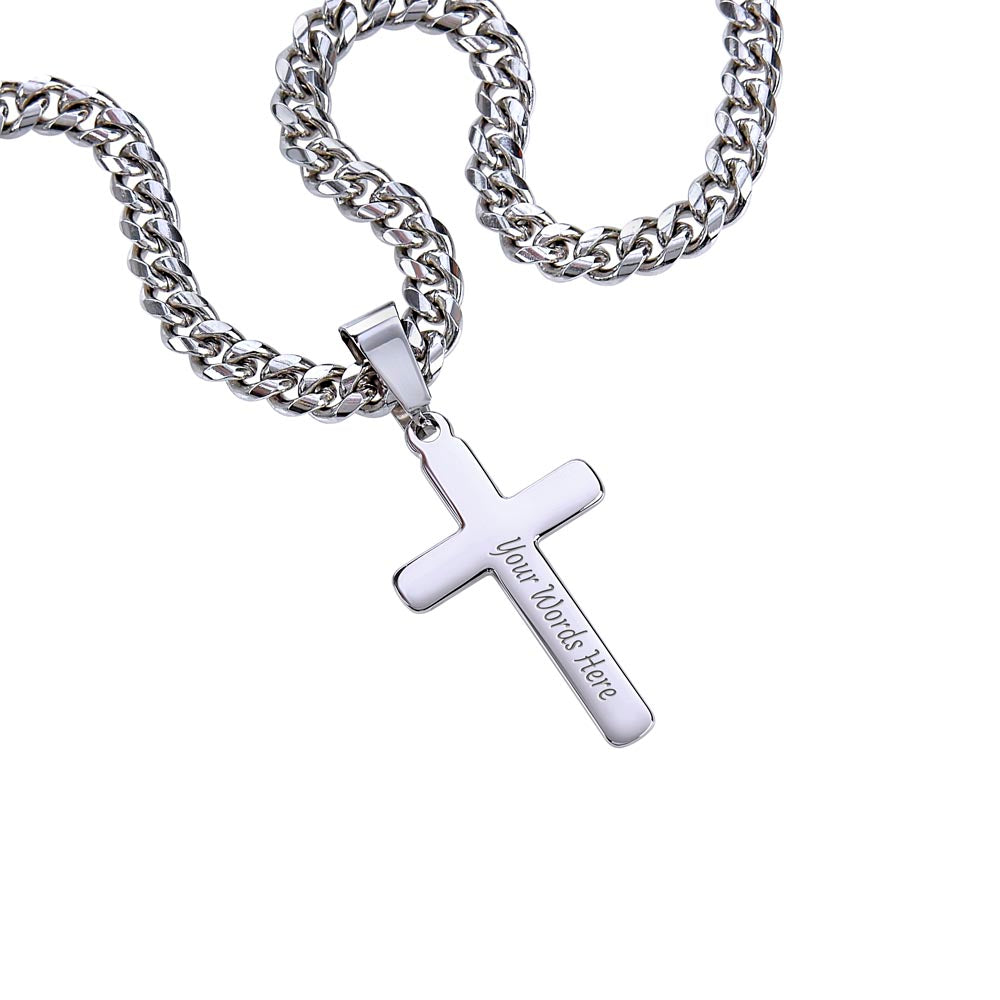 Silver-tone chain necklace with cross pendant and engraved name plate