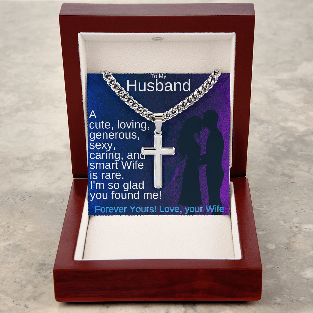 Silver-tone chain necklace with cross pendant and engraved name plate, front view