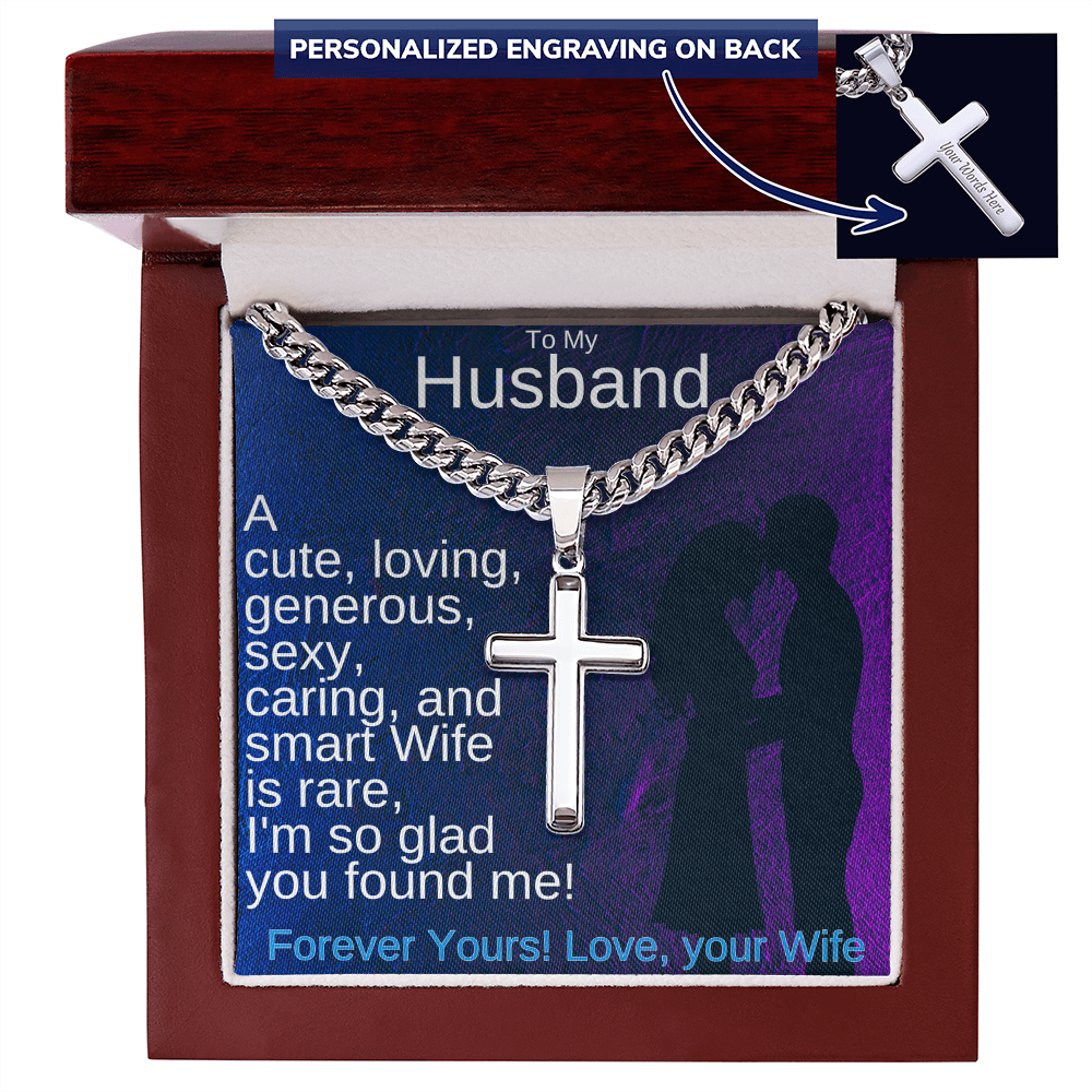 Polished silver-tone chain necklace with cross pendant, personalized engraved tag