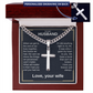 Cross pendant necklace with silver curb chain and cross charm in wooden gift box