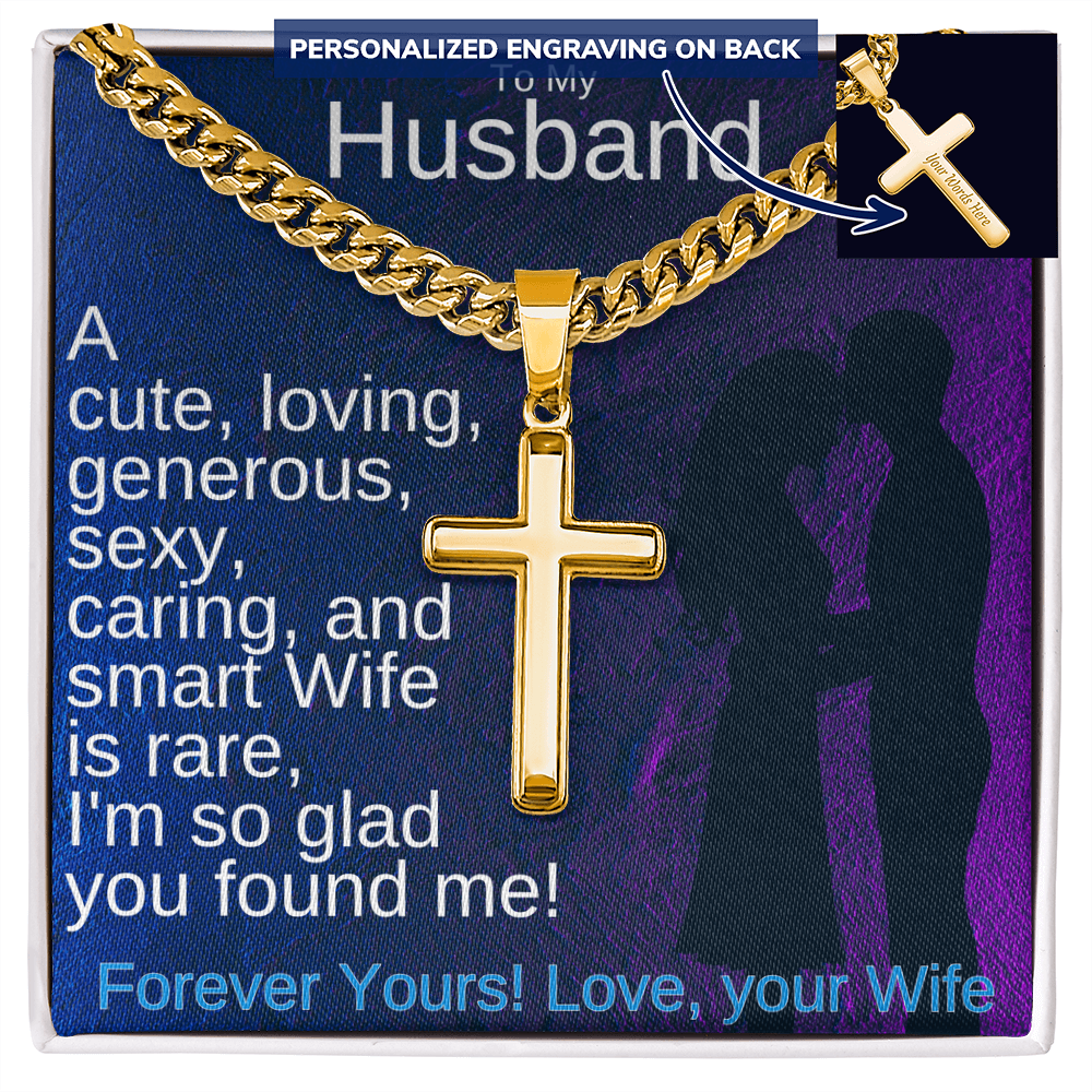 18K yellow gold finish chain necklace with cross pendant and engraved name plate