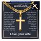 Cross pendant necklace with gold curb chain and gold cross charm