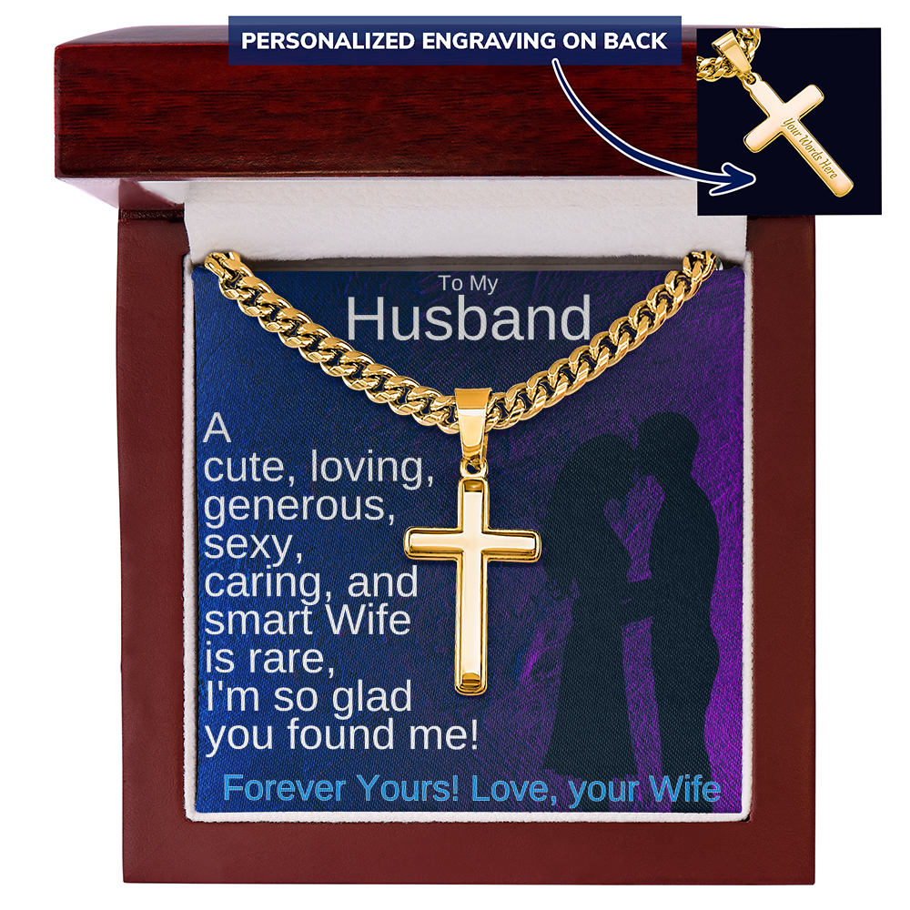 18K yellow gold finish chain necklace with cross pendant and small engraved tag