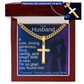 18K yellow gold finish chain necklace with cross pendant and small engraved tag