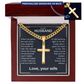 Cross pendant necklace with gold curb chain and cross charm in wooden gift box