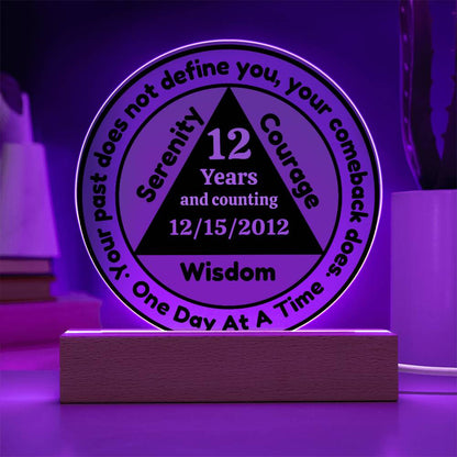 Circular LED sobriety date plaque with wooden base; glowing rim, reads 12 Years Wisdom