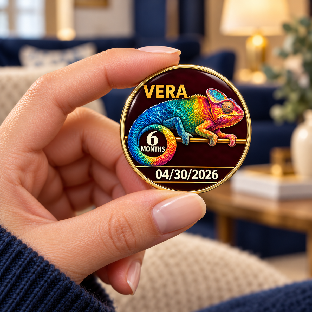 Personalized chameleon recovery coin held in a hand, showing a six-month milestone and date