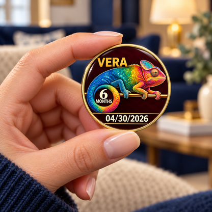 Personalized chameleon recovery coin held in a hand, showing a six-month milestone and date