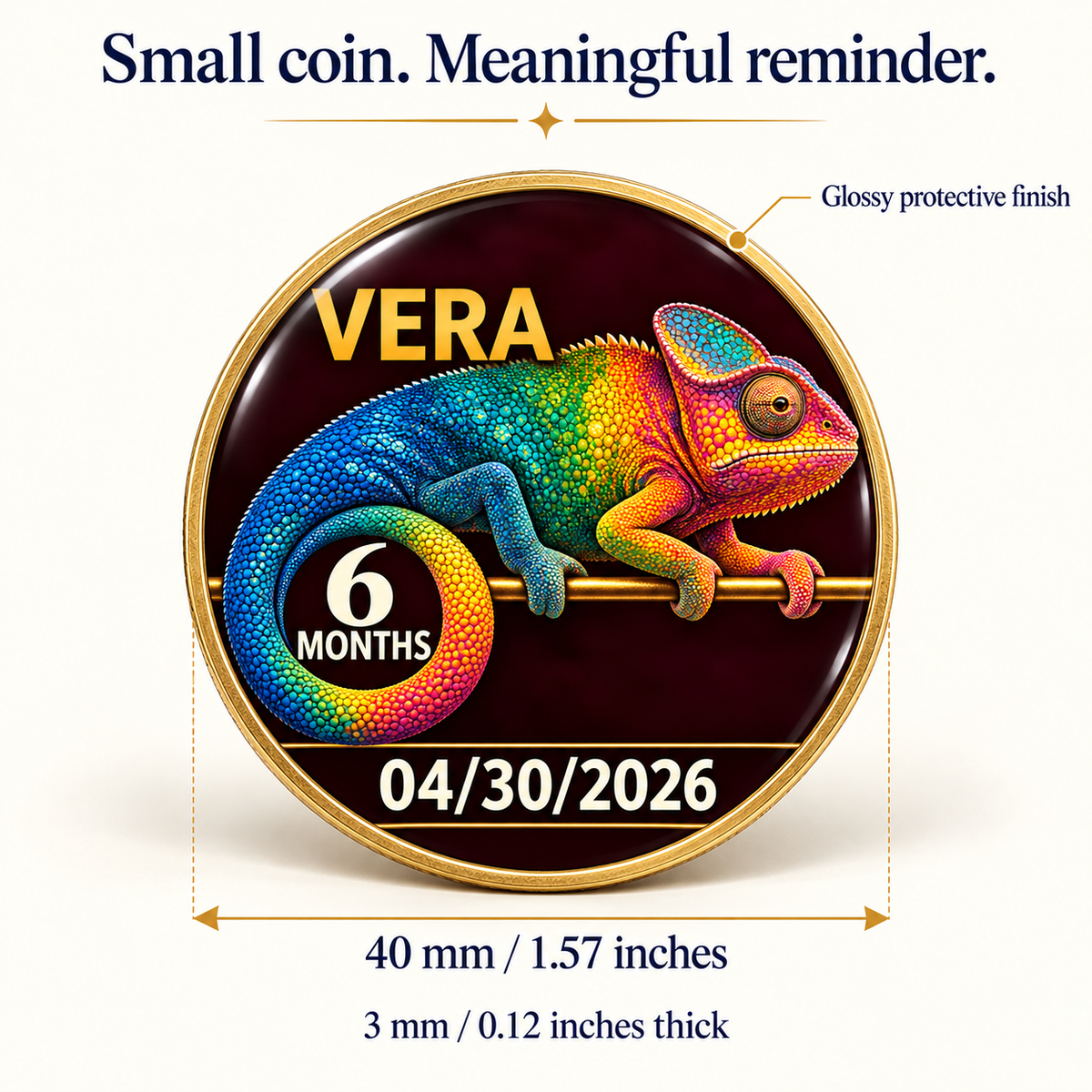 Gold chameleon recovery coin with glossy finish, 40 mm wide and 3 mm thick