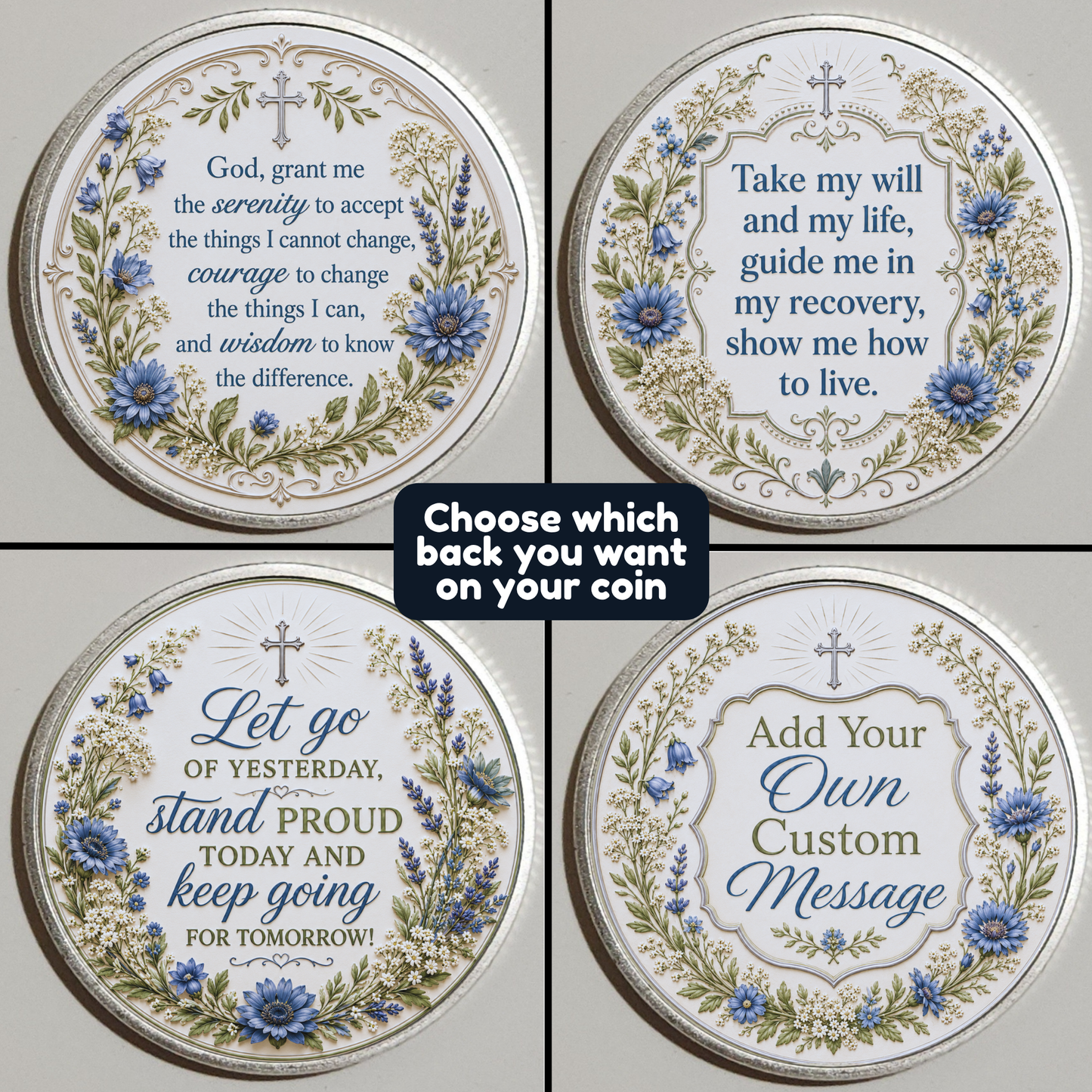 Four round recovery coin designs with floral accents and “Faith Over Fear” messages