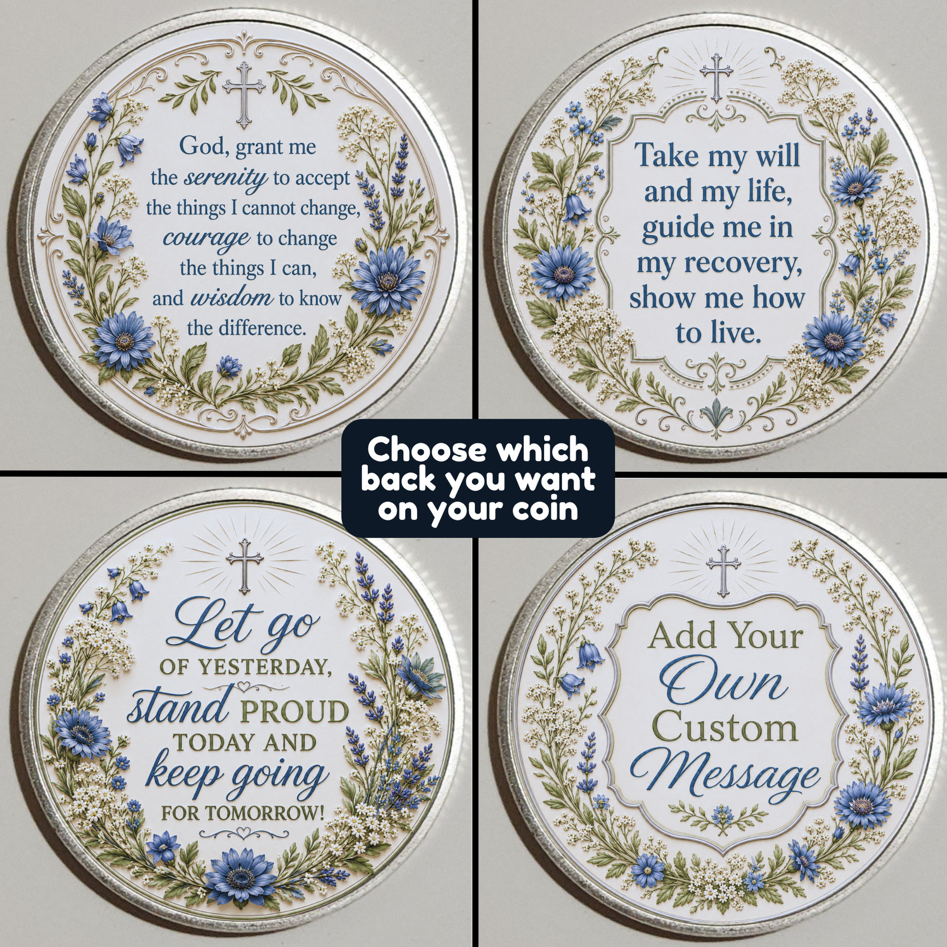Four round recovery coin designs with floral accents and “Faith Over Fear” messages