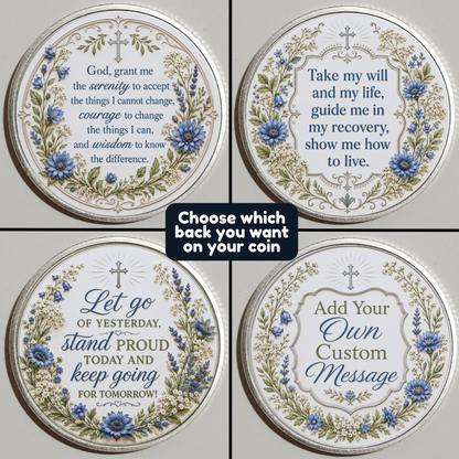 Four round recovery coin designs with floral accents and “Faith Over Fear” messages