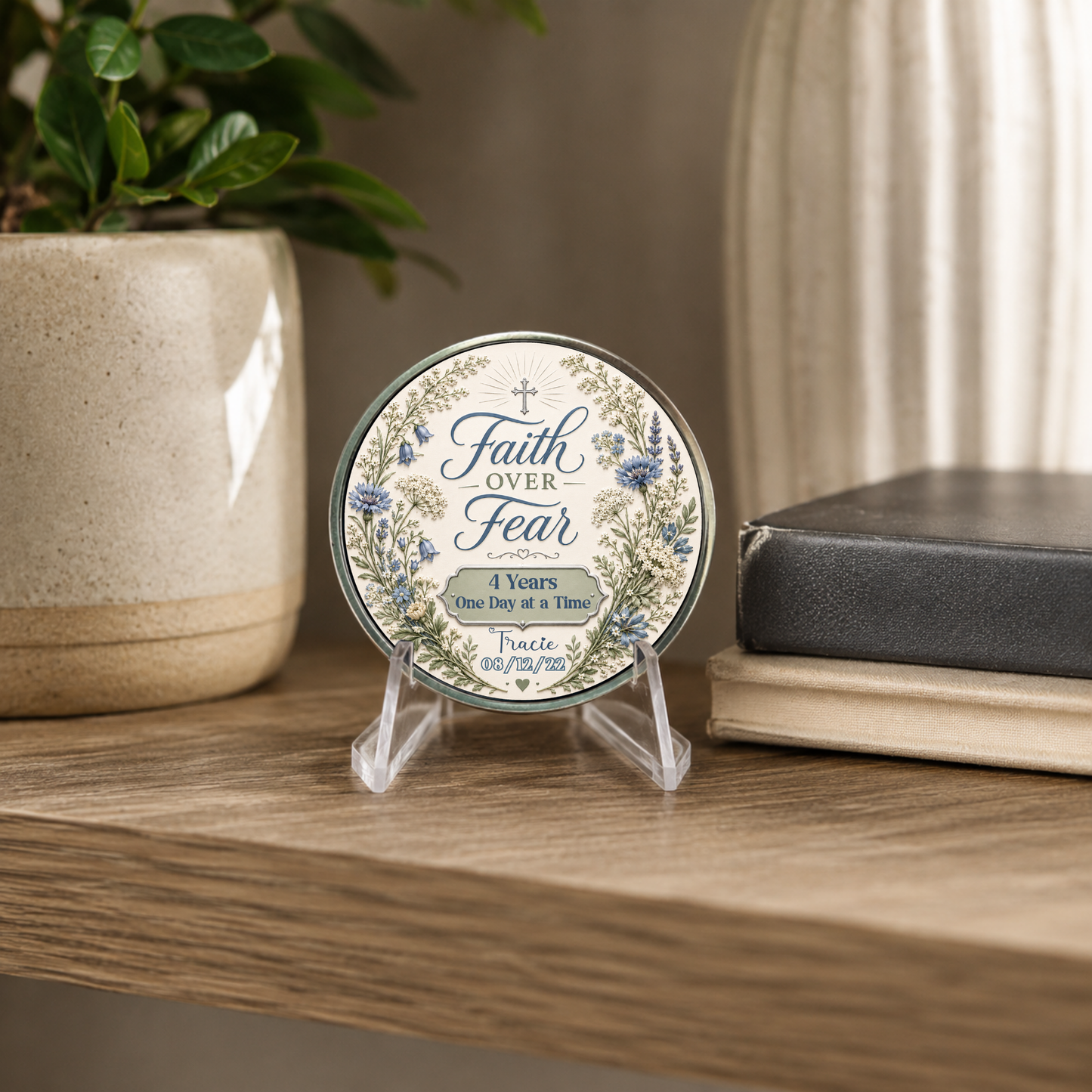 Silver-toned round recovery coin with “Faith Over Fear” on a clear stand