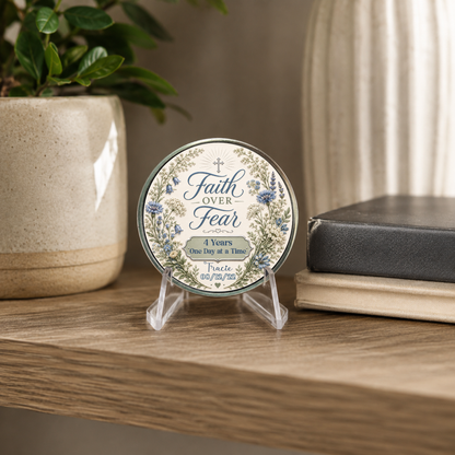 Silver-toned round recovery coin with “Faith Over Fear” on a clear stand