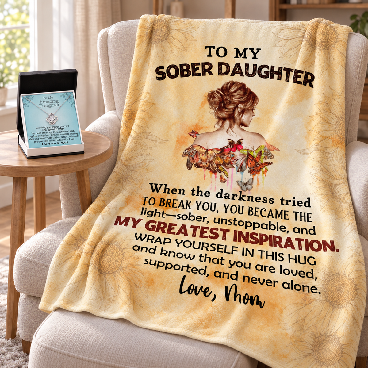 Gold-toned blanket with a butterfly illustration and message for a daughter