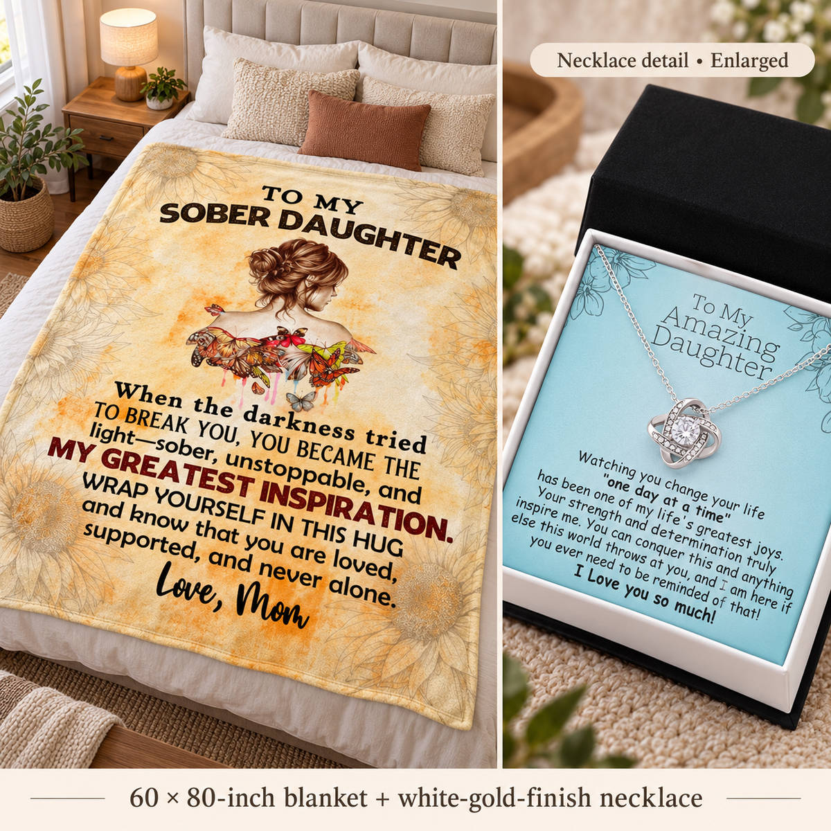 Comfort set with a printed gold-toned blanket and white-gold-finish pendant necklace in a gift box