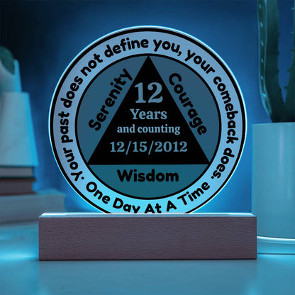 Circular LED sobriety date plaque with wooden base; glowing rim, reads 12 Years Wisdom