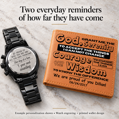 Sobriety gift set with black metal watch and personalized tan leather wallet