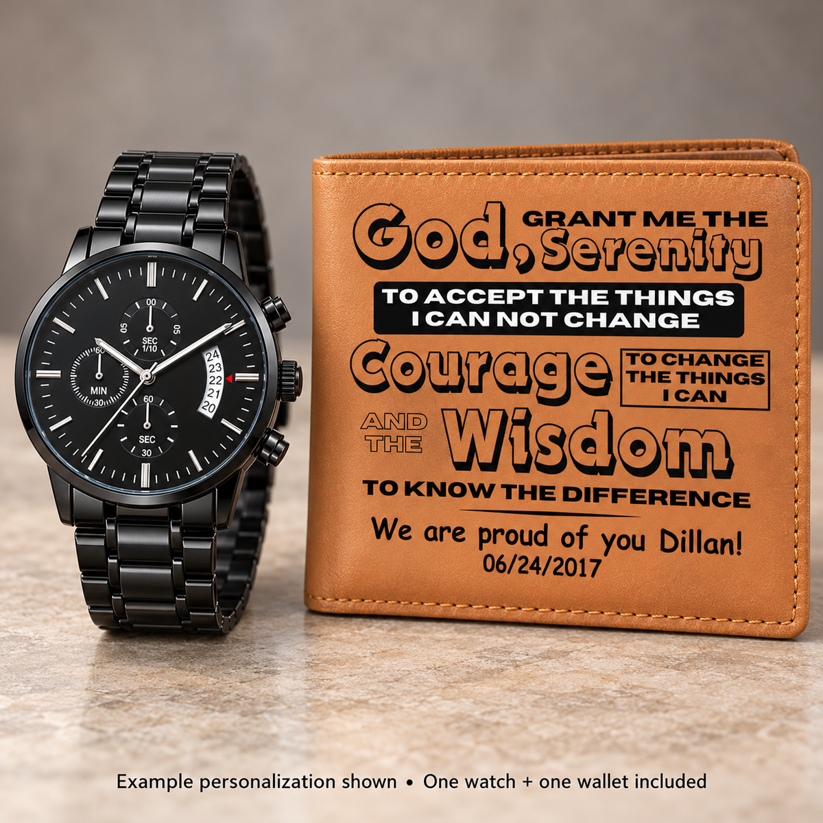 Black metal watch and tan leather wallet printed with a sobriety message