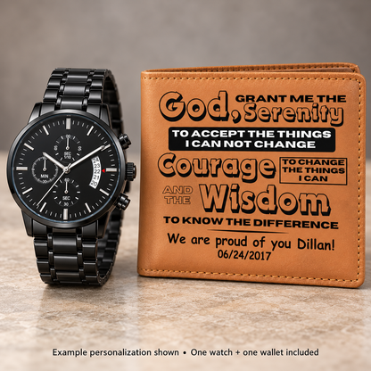 Black metal watch and tan leather wallet printed with a sobriety message