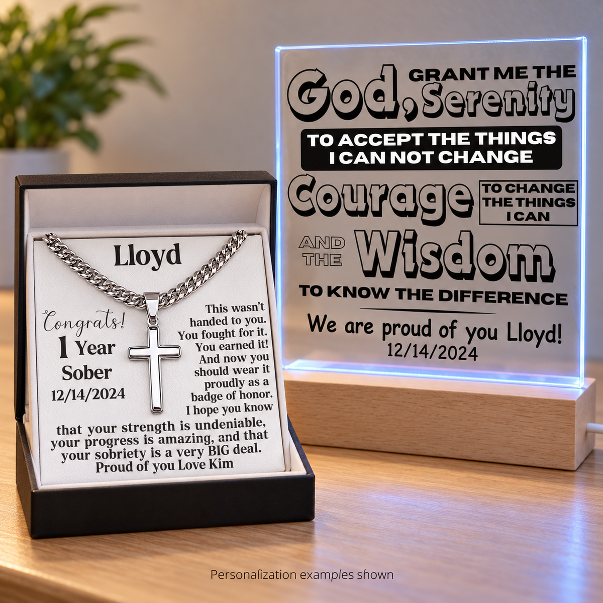 Gift set featuring a Cuban link cross necklace beside a glowing personalized LED plaque