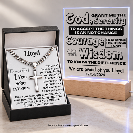 Gift set with a silver-tone Cuban link cross necklace and personalized LED serenity plaque