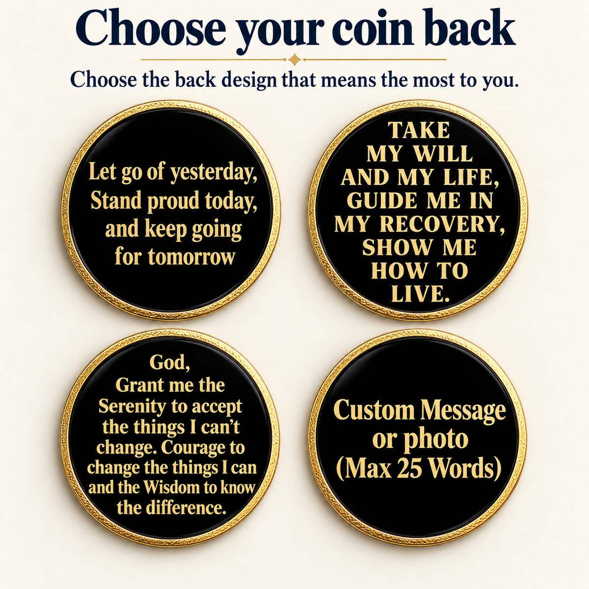 Four recovery coin backs with gold text: three messages and one custom design option