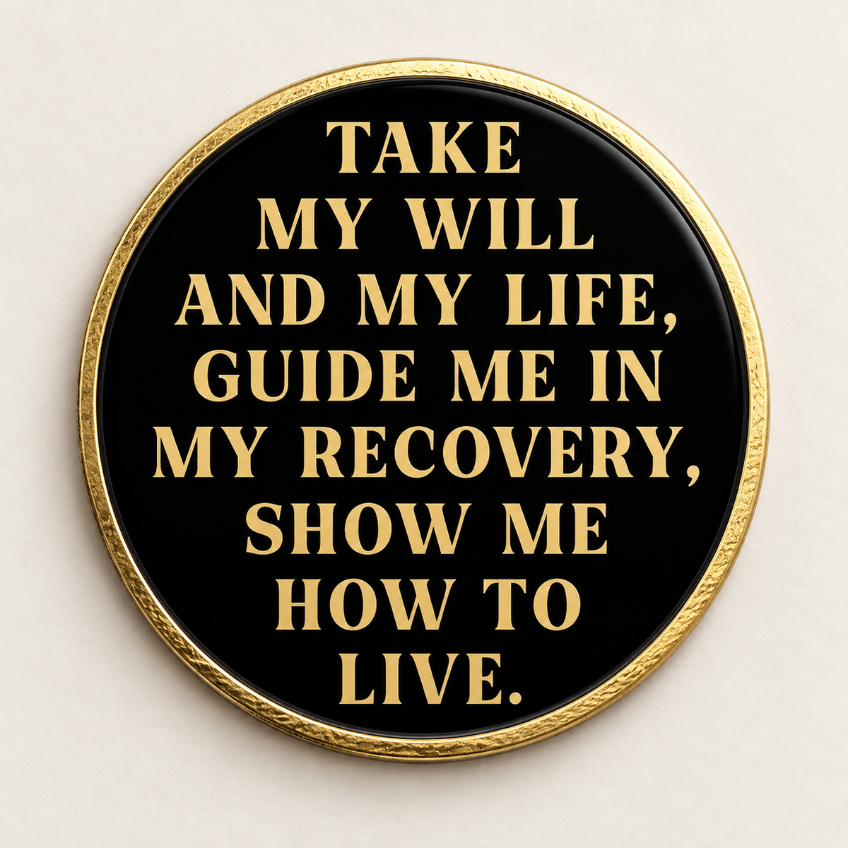 Black recovery coin back with gold rim and a recovery prayer