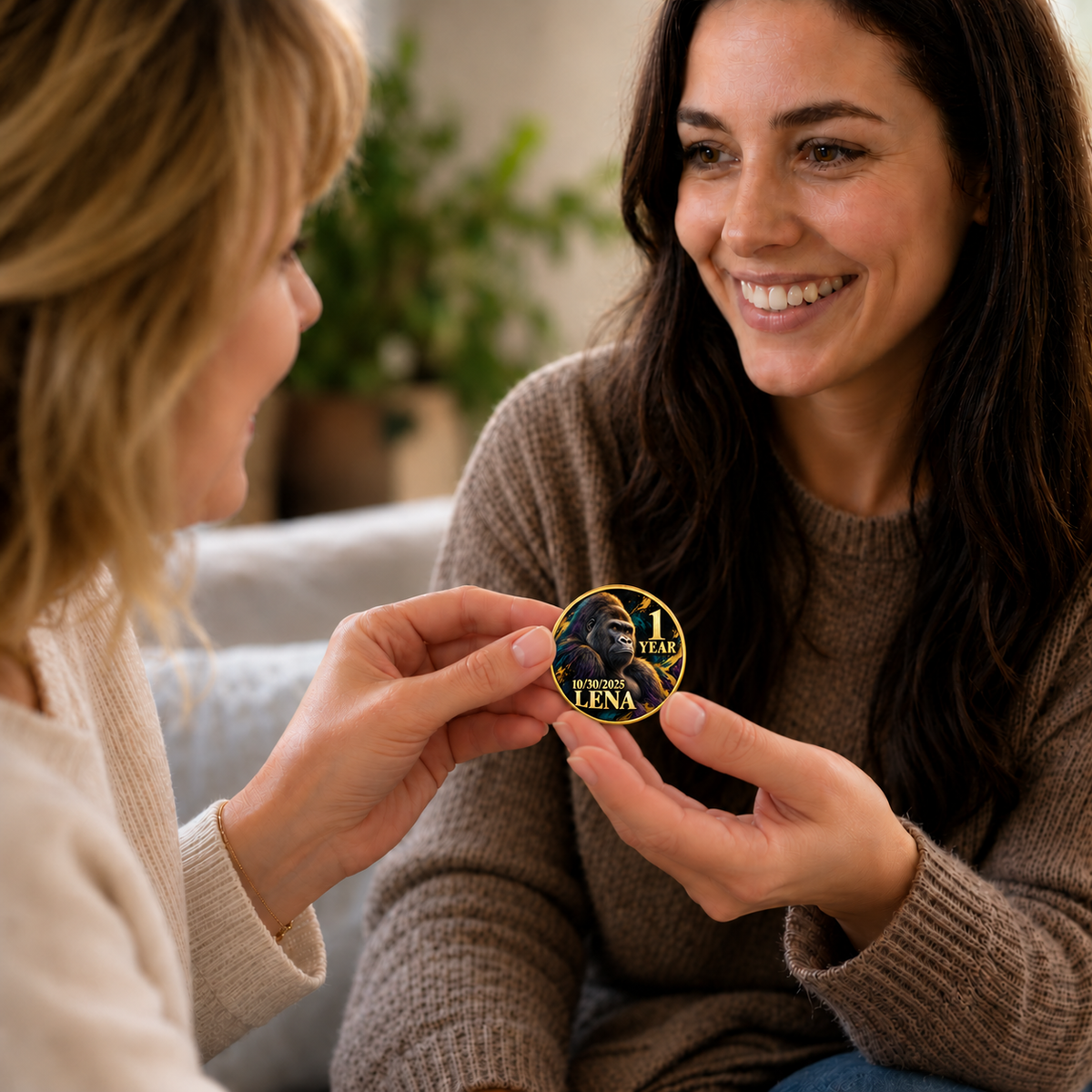 Personalized gold recovery coin with a gorilla portrait, “1 Year” text, and the name Lena