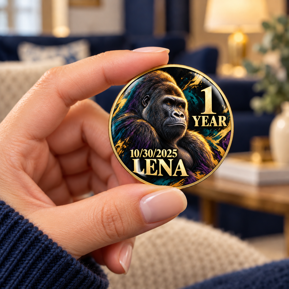 Personalized gorilla recovery coin held in hand, with gold rim and one-year milestone