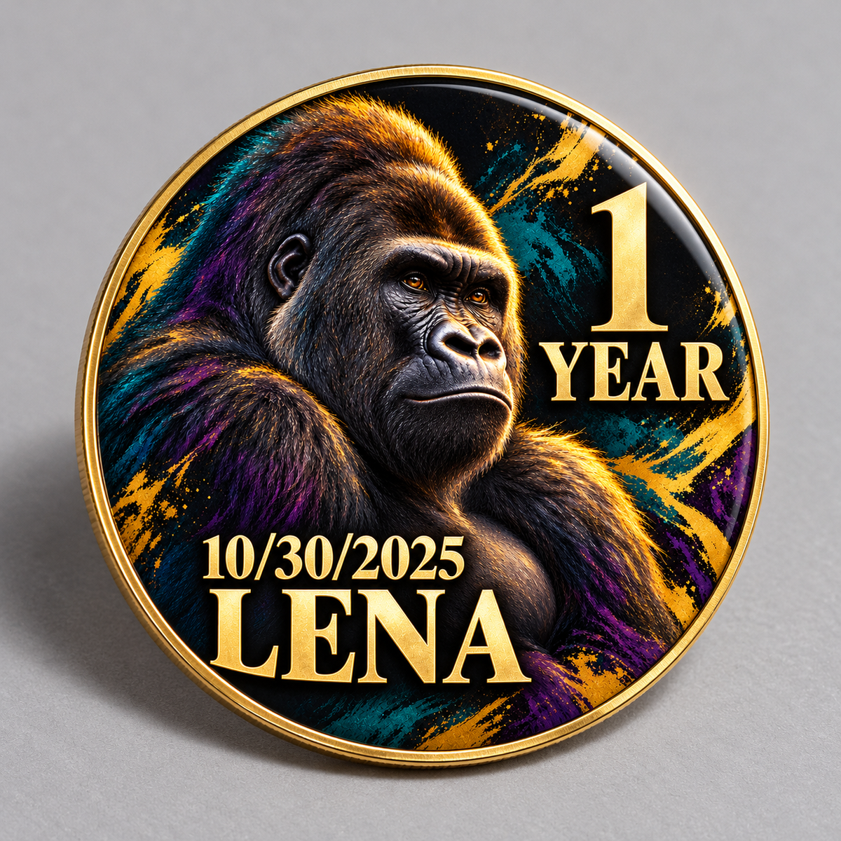 Personalized gold recovery coin featuring a gorilla, one-year milestone, date, and name