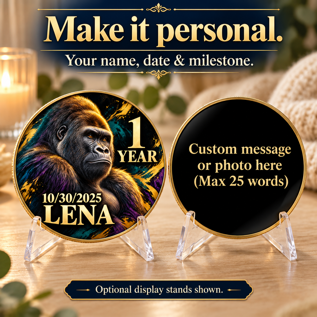 Personalized gorilla recovery coin and customizable black reverse, shown with display stands