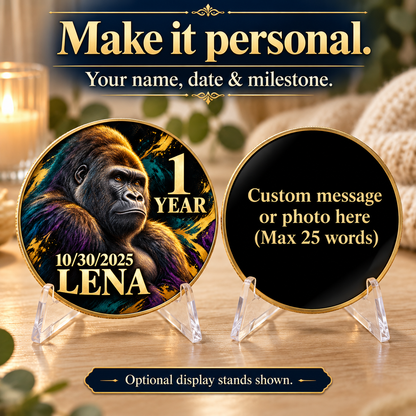 Personalized gorilla recovery coin and customizable black reverse, shown with display stands