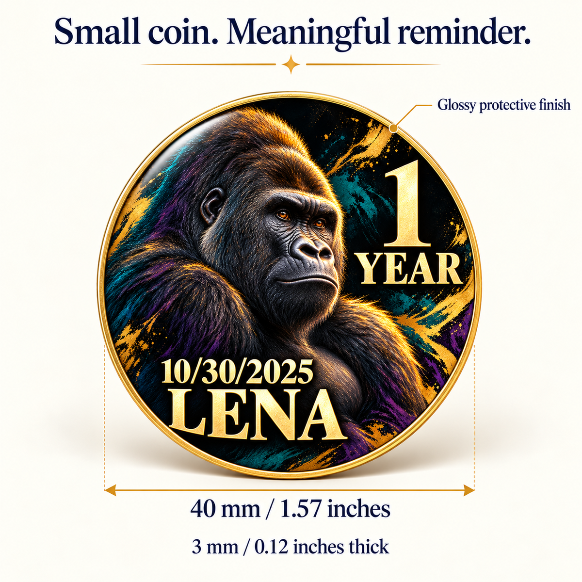Gold-rimmed gorilla recovery coin, 40 mm wide and 3 mm thick, with glossy finish