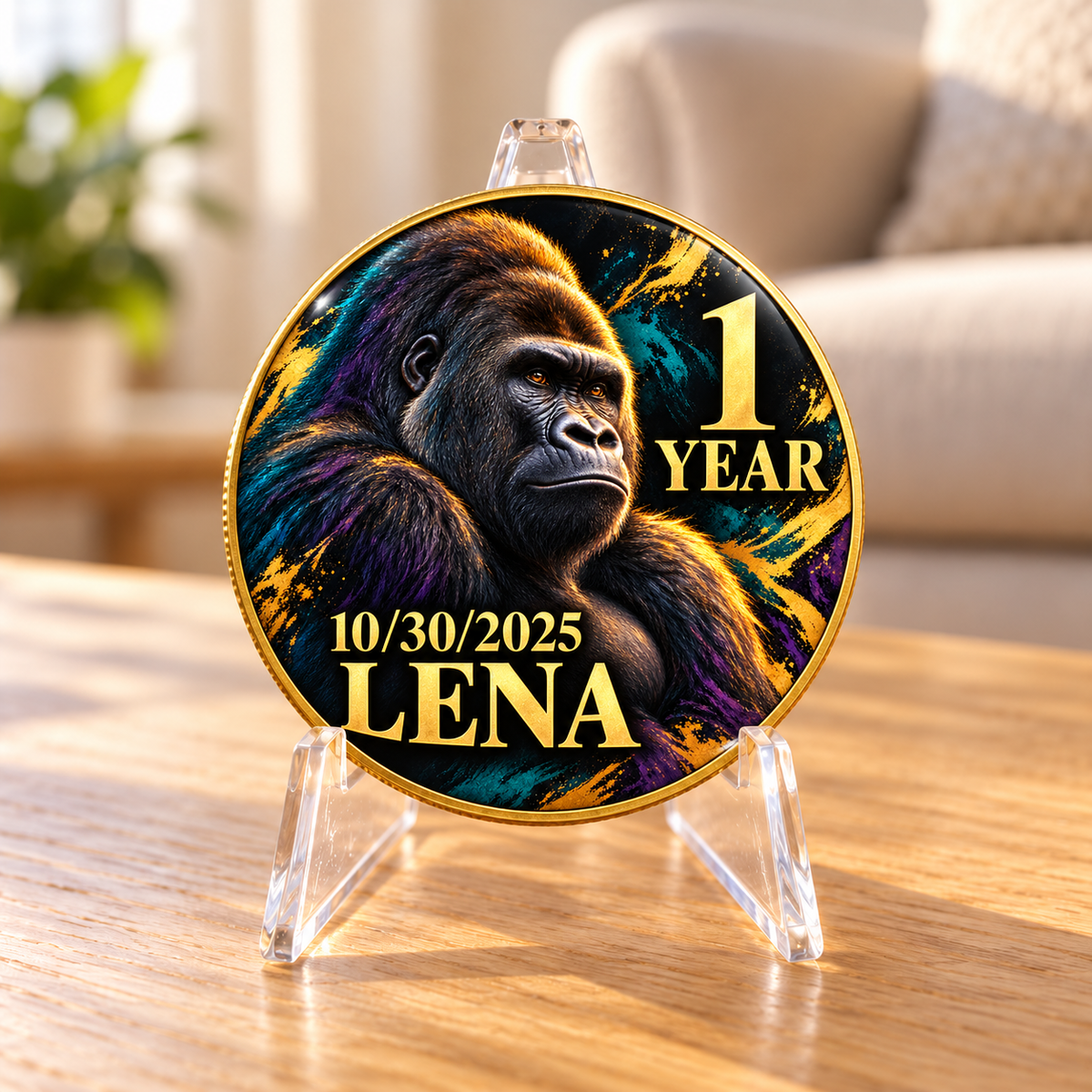 Gorilla recovery coin displayed on a clear stand, personalized with a date and name