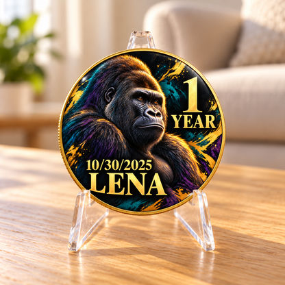 Gorilla recovery coin displayed on a clear stand, personalized with a date and name