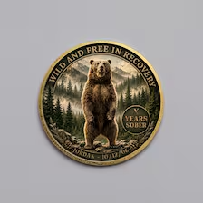 Close-up round sobriety coin with bear in mountains and engraved outer text, gold-tone