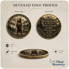 Personalized sobriety coin: bear in mountains, front/back views, detailed edge profile