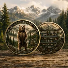 Two sobriety coins together: bear-and-mountains front with matching engraved back text