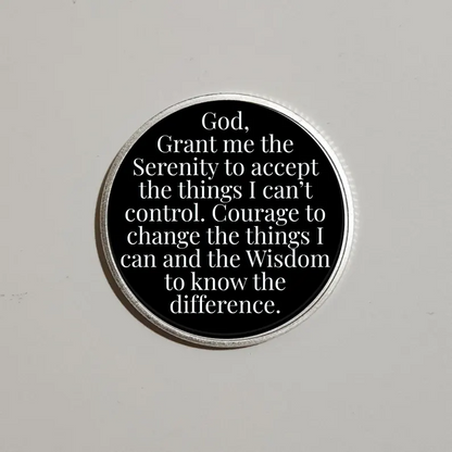Round black custom message coin with silver rim; reads a faith prayer about serenity and wisdom.