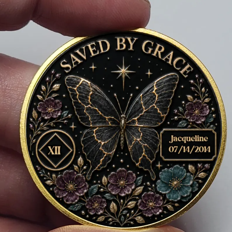 Gold Butterfly Personalized Recovery Coin ~ Clean and Sober Medallion