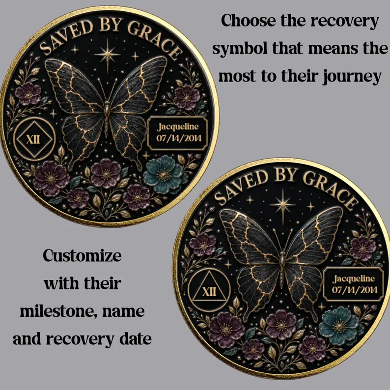 Gold Butterfly Personalized Recovery Coin ~ Clean and Sober Medallion