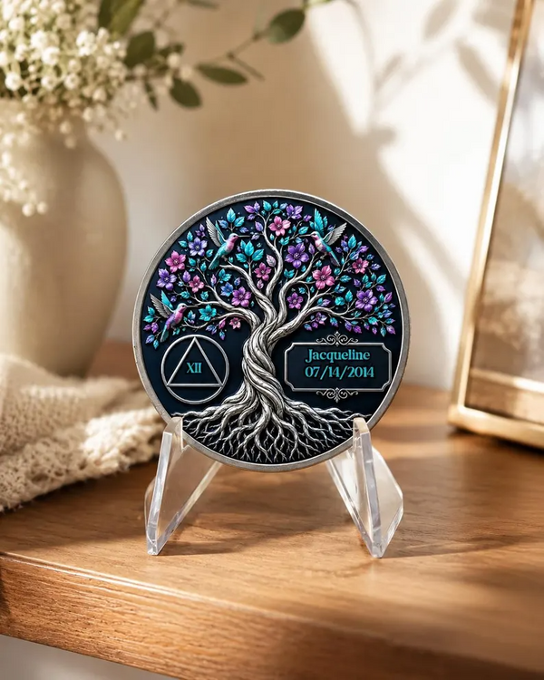 Round silver medallion coin with tree of life and floral details, on clear display stand