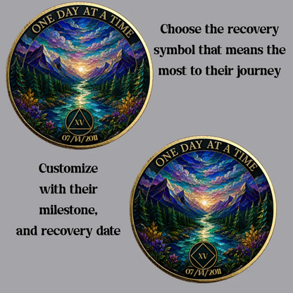 Gold Custom Recovery Medallion,  Mountain Stream Sunset