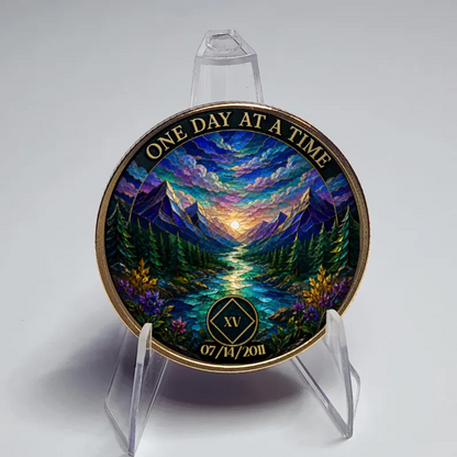 Gold Custom Recovery Medallion,  Mountain Stream Sunset