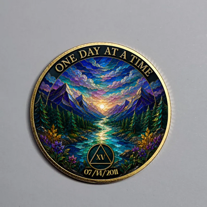 Gold Custom Recovery Medallion,  Mountain Stream Sunset