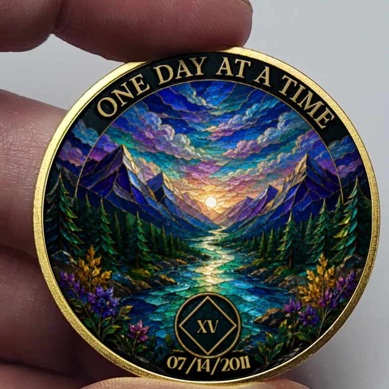 Gold Custom Recovery Medallion,  Mountain Stream Sunset