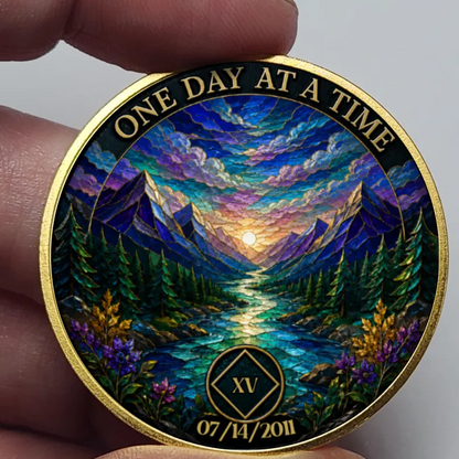 Gold Custom Recovery Medallion,  Mountain Stream Sunset